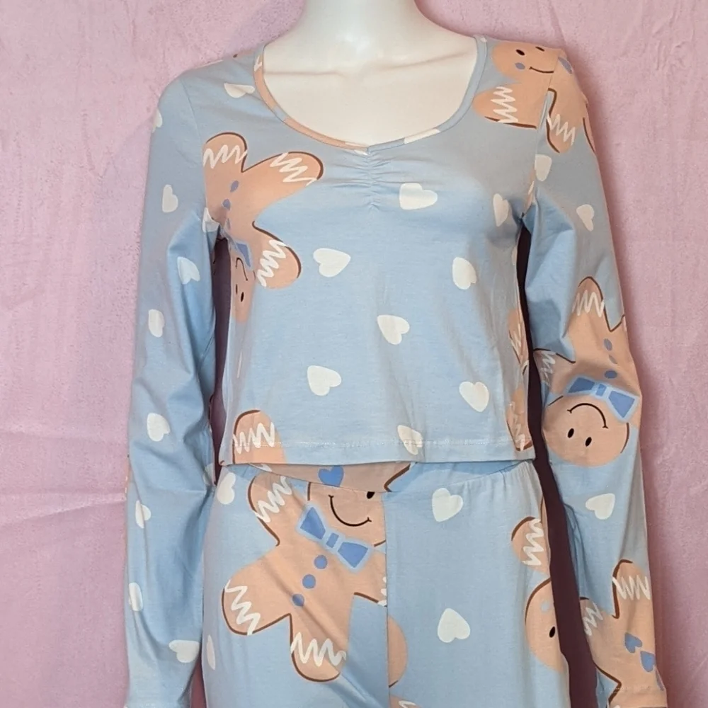 ASOS Light Blue Gingerbread Crop Tee and Matching Leggings Christmas Pajamas